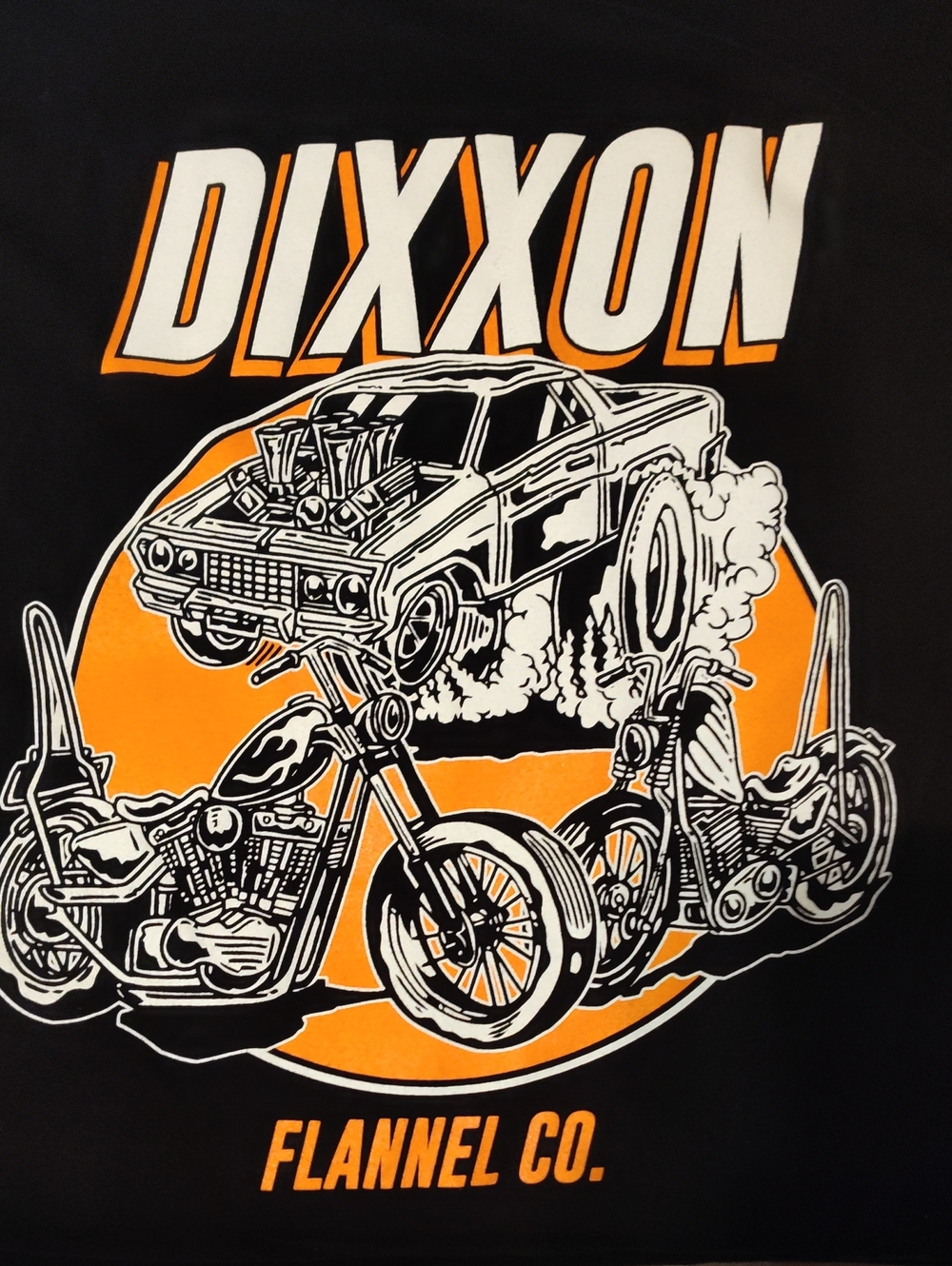 DIXXON Black Long Sleeve Tee with Orange & White Bike Car Graphic